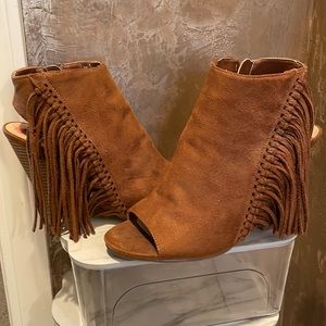 Camel suede wedge peep toe booties with Fringe